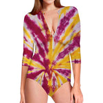 Red And Yellow Spider Tie Dye Print Long Sleeve Swimsuit