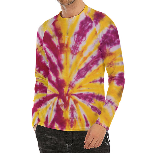 Red And Yellow Spider Tie Dye Print Men's Long Sleeve Rash Guard
