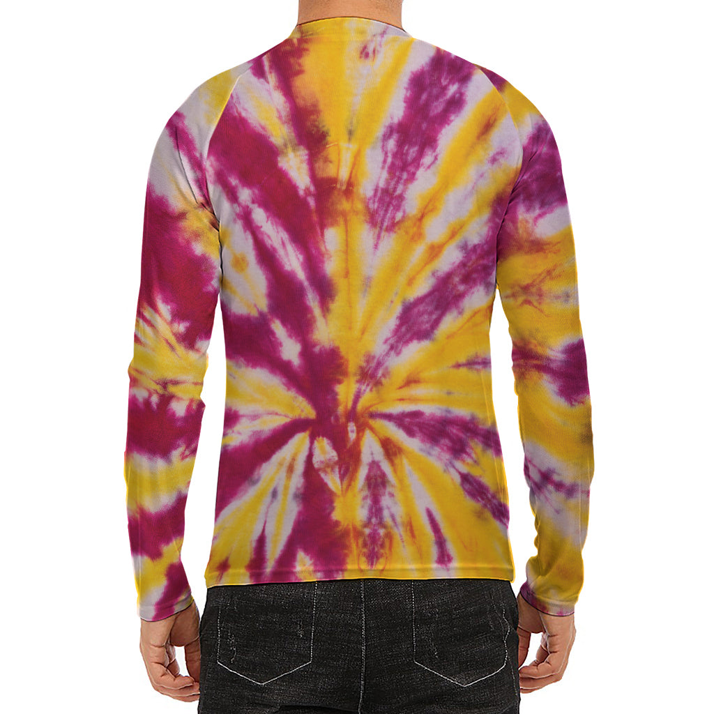 Red And Yellow Spider Tie Dye Print Men's Long Sleeve Rash Guard