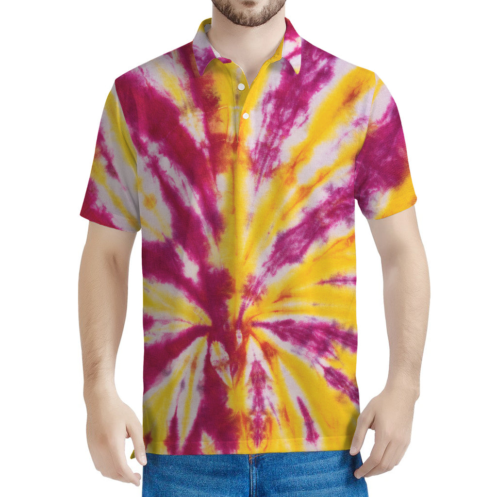 Red And Yellow Spider Tie Dye Print Men's Polo Shirt
