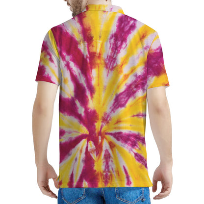 Red And Yellow Spider Tie Dye Print Men's Polo Shirt