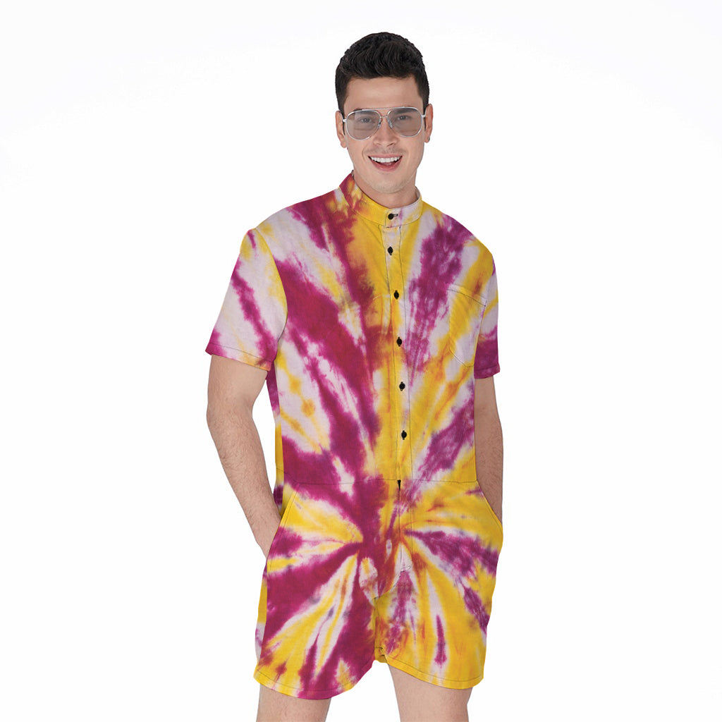 Red And Yellow Spider Tie Dye Print Men's Rompers