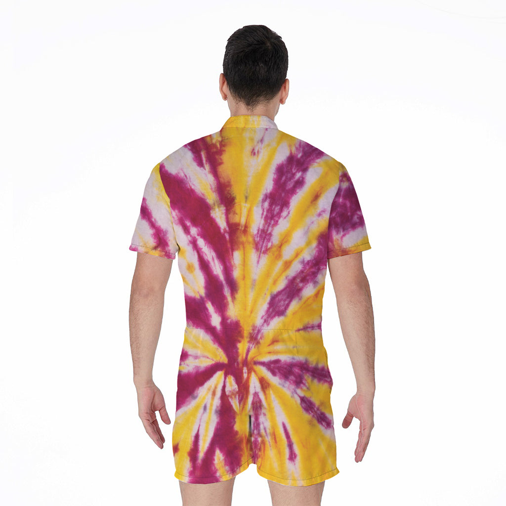 Red And Yellow Spider Tie Dye Print Men's Rompers