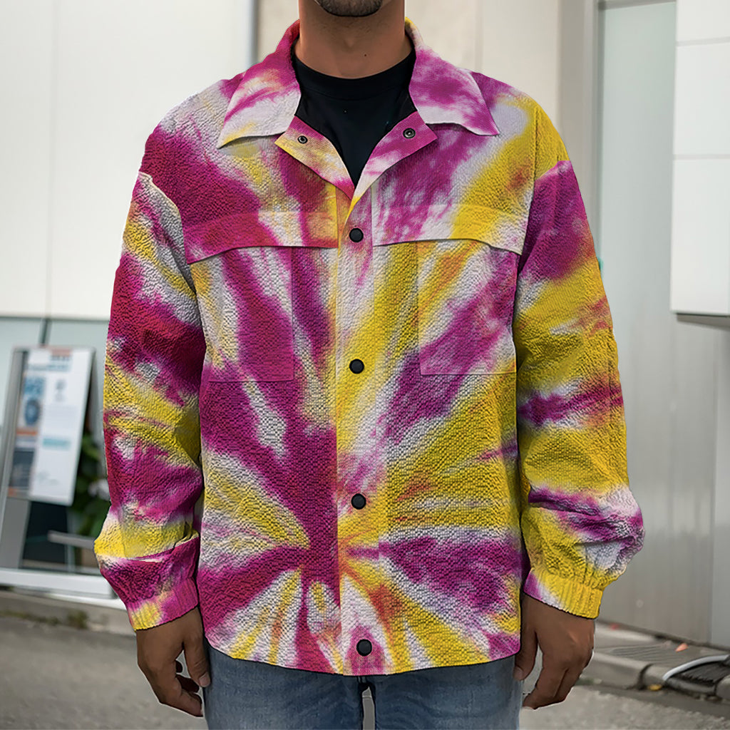 Red And Yellow Spider Tie Dye Print Men's Shirt Jacket