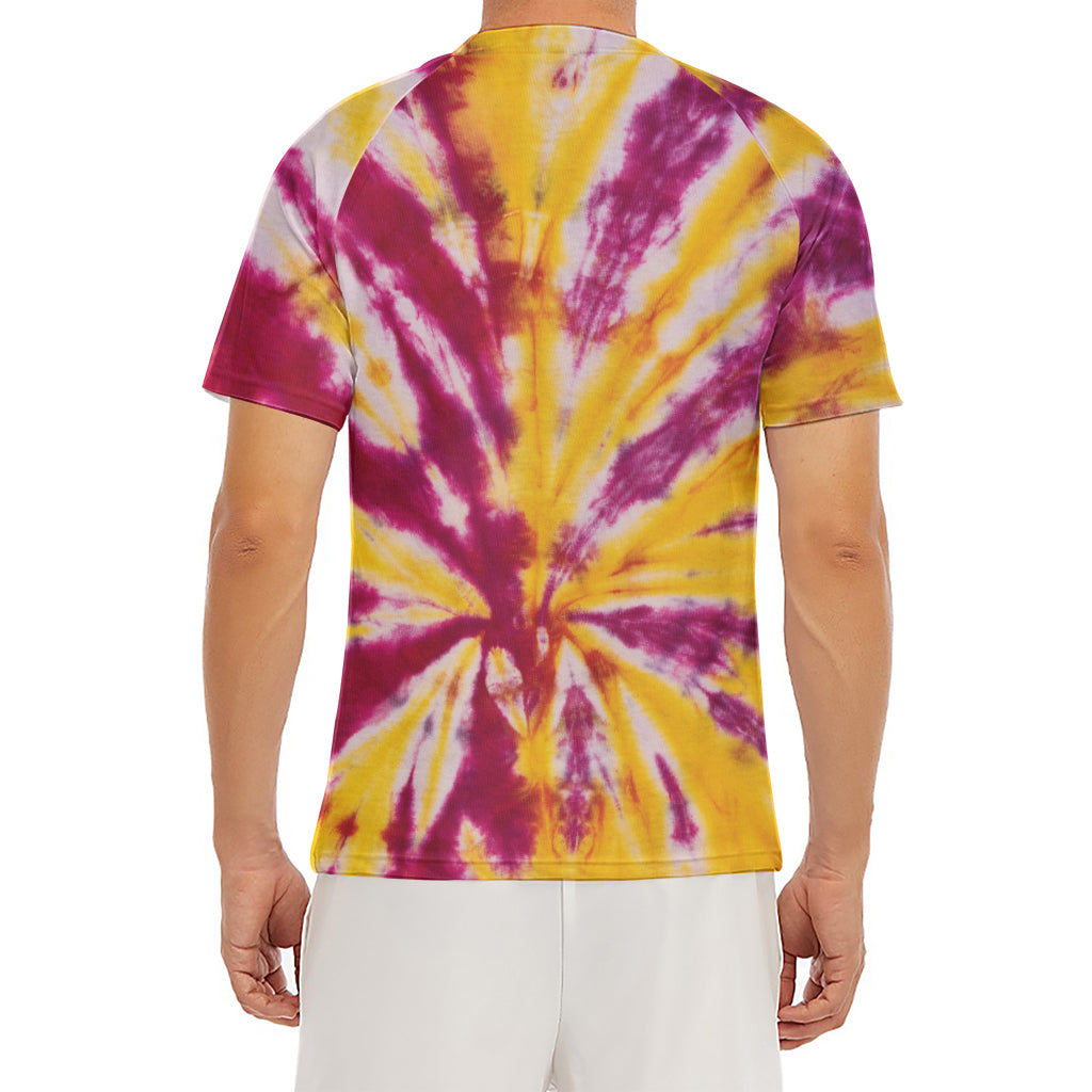 Red And Yellow Spider Tie Dye Print Men's Short Sleeve Rash Guard