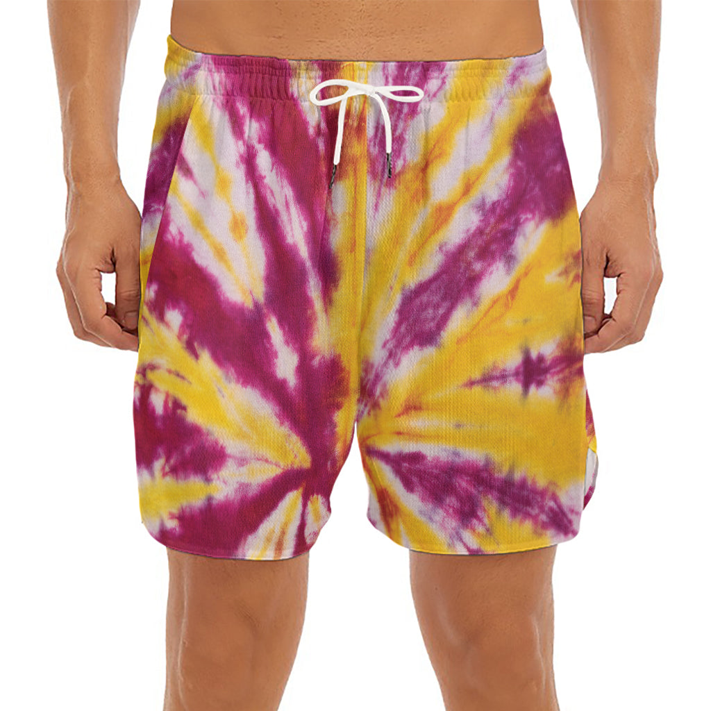 Red And Yellow Spider Tie Dye Print Men's Split Running Shorts