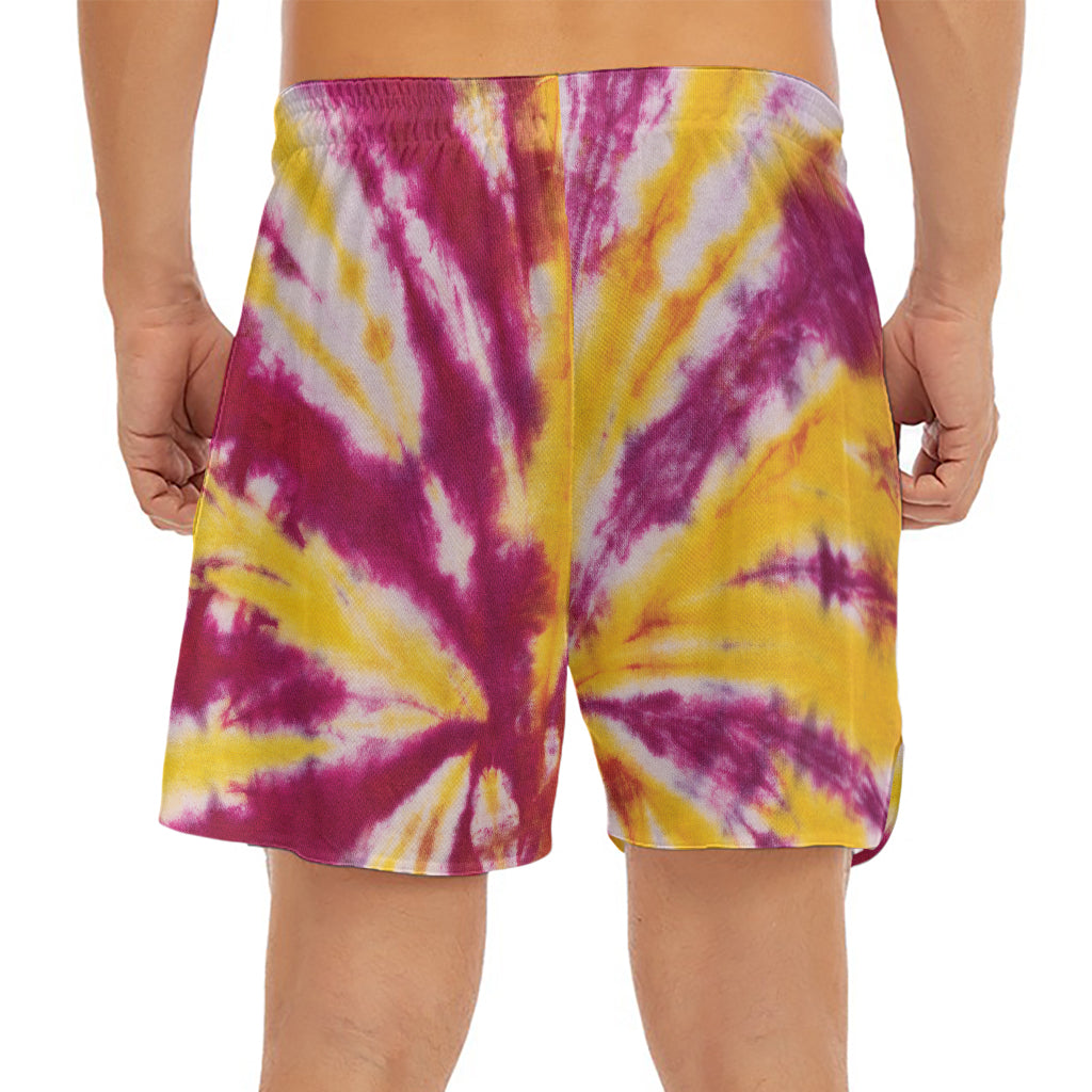 Red And Yellow Spider Tie Dye Print Men's Split Running Shorts