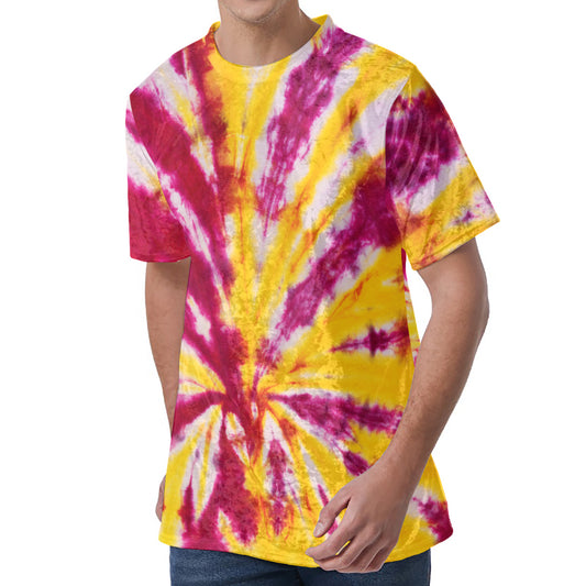 Red And Yellow Spider Tie Dye Print Men's Velvet T-Shirt