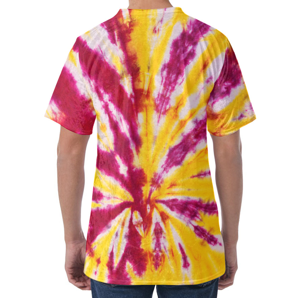 Red And Yellow Spider Tie Dye Print Men's Velvet T-Shirt