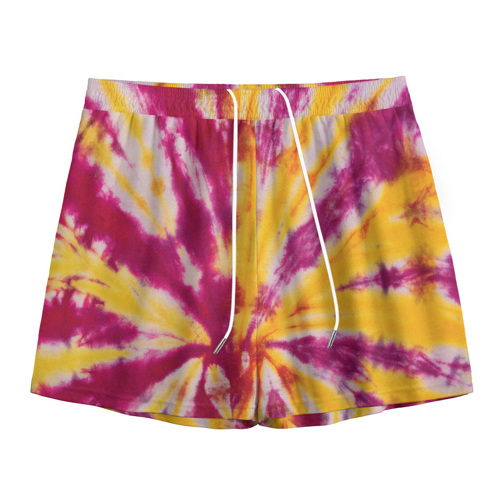 Red And Yellow Spider Tie Dye Print Mesh Shorts