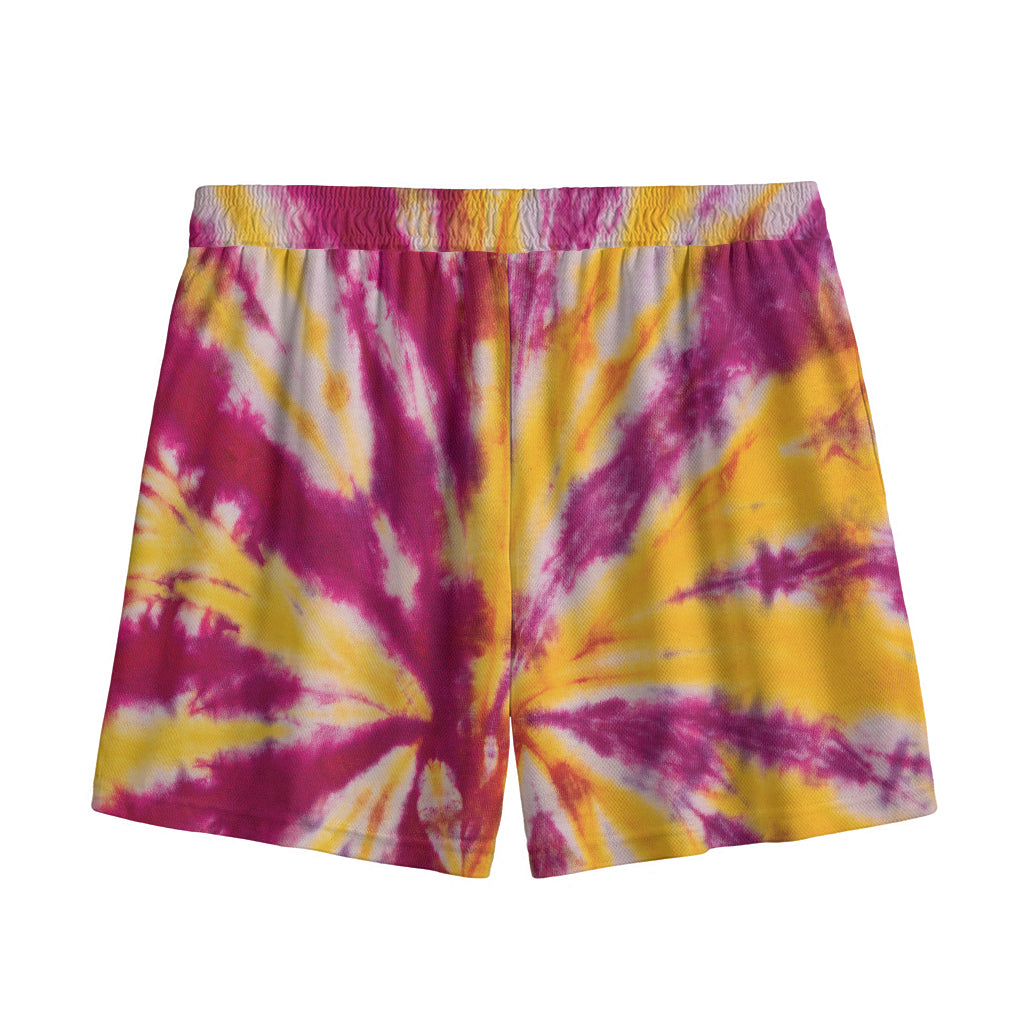 Red And Yellow Spider Tie Dye Print Mesh Shorts