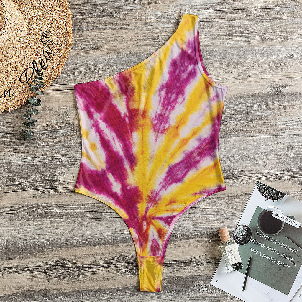 Red And Yellow Spider Tie Dye Print One Shoulder Bodysuit