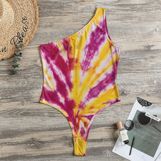 Red And Yellow Spider Tie Dye Print One Shoulder Bodysuit