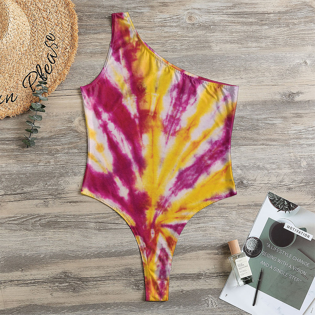 Red And Yellow Spider Tie Dye Print One Shoulder Bodysuit
