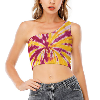Red And Yellow Spider Tie Dye Print One Shoulder Crop Top