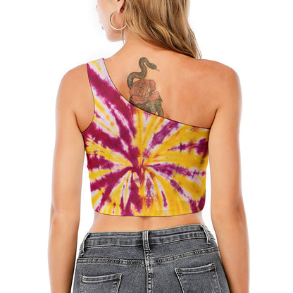 Red And Yellow Spider Tie Dye Print One Shoulder Crop Top