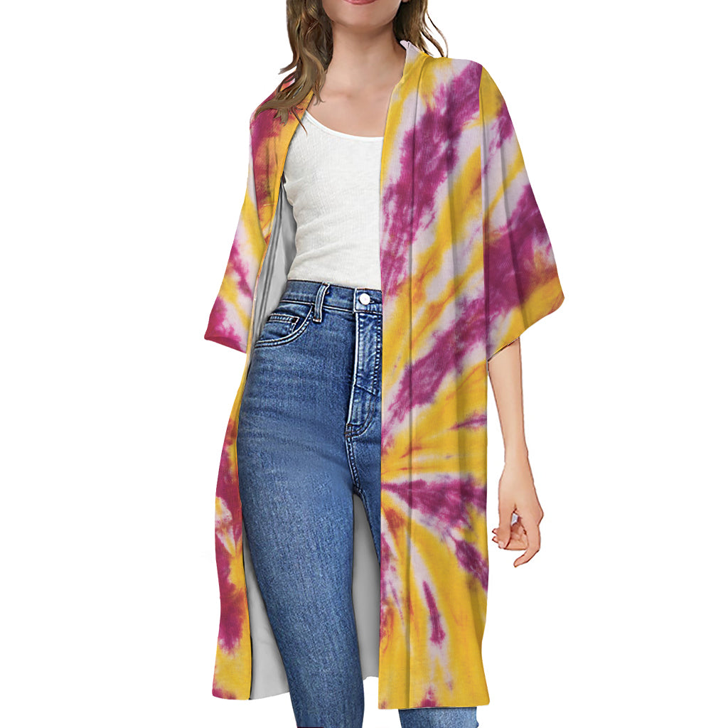 Red And Yellow Spider Tie Dye Print Open Front Beach Cover Up