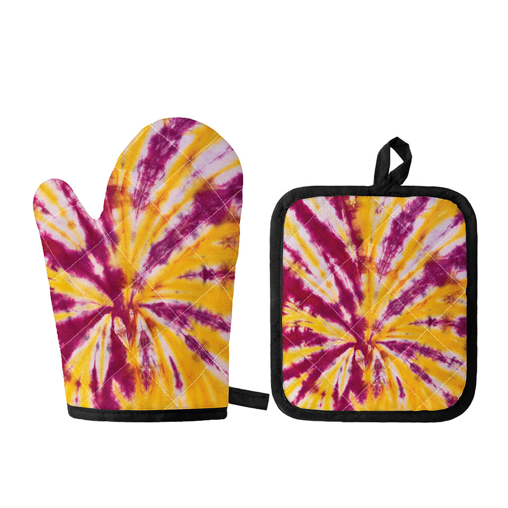 Red And Yellow Spider Tie Dye Print Oven Mitt And Pot Holder Set