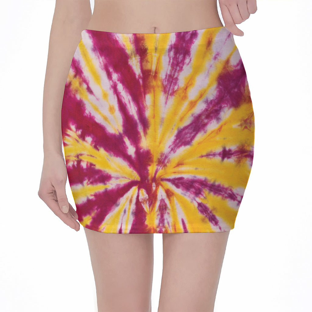 Red And Yellow Spider Tie Dye Print Pencil Mini Skirt