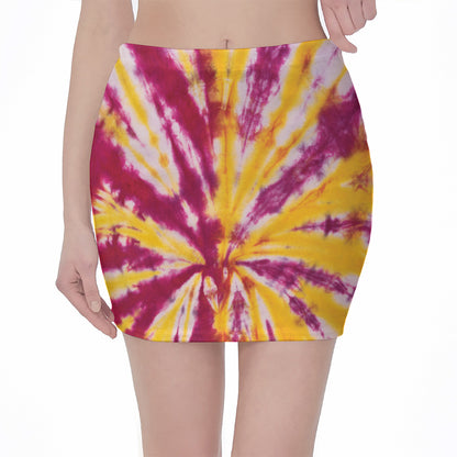 Red And Yellow Spider Tie Dye Print Pencil Mini Skirt