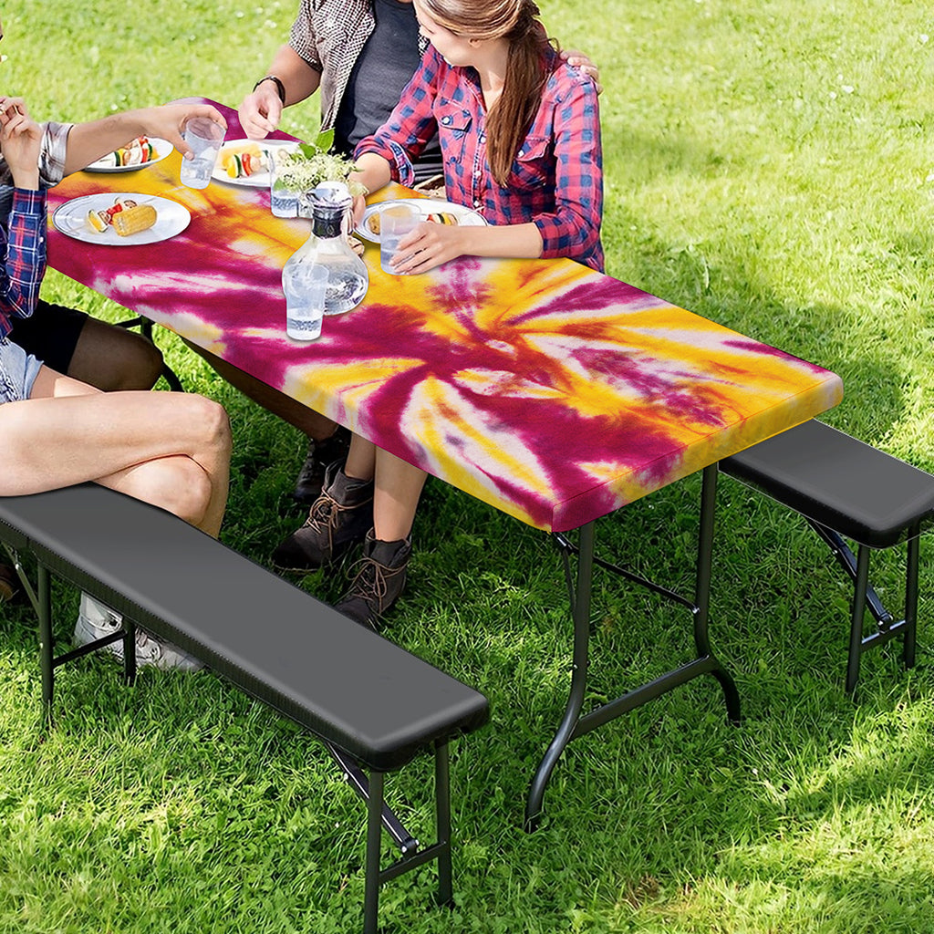 Red And Yellow Spider Tie Dye Print Picnic Table Cover