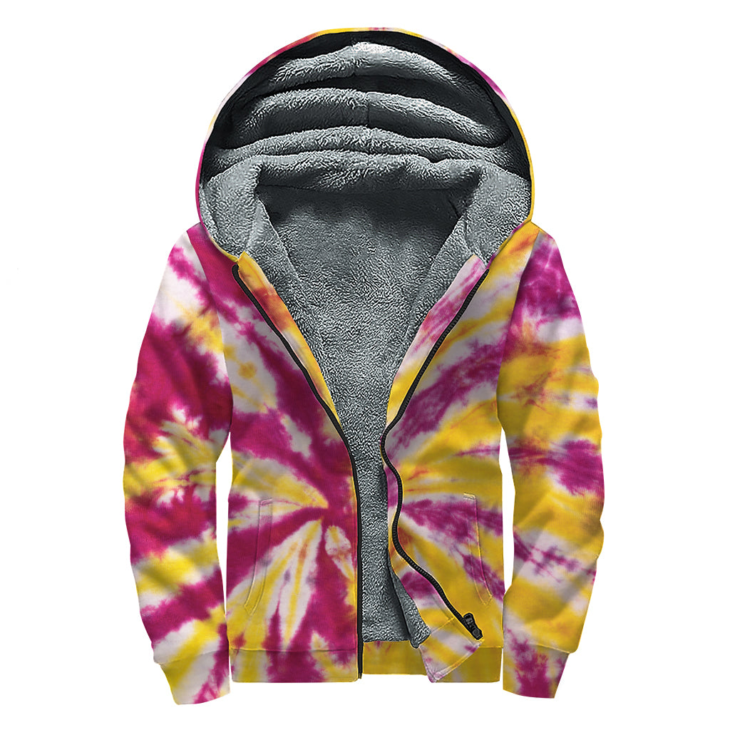 Red And Yellow Spider Tie Dye Print Sherpa Lined Zip Up Hoodie