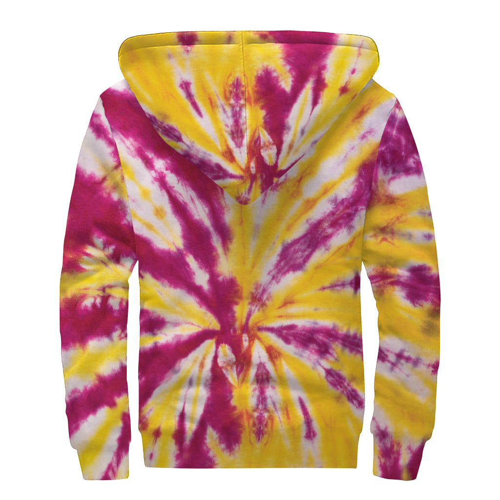 Red And Yellow Spider Tie Dye Print Sherpa Lined Zip Up Hoodie