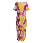 Red And Yellow Spider Tie Dye Print Short Sleeve Long Nightdress