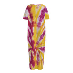 Red And Yellow Spider Tie Dye Print Short Sleeve Long Nightdress