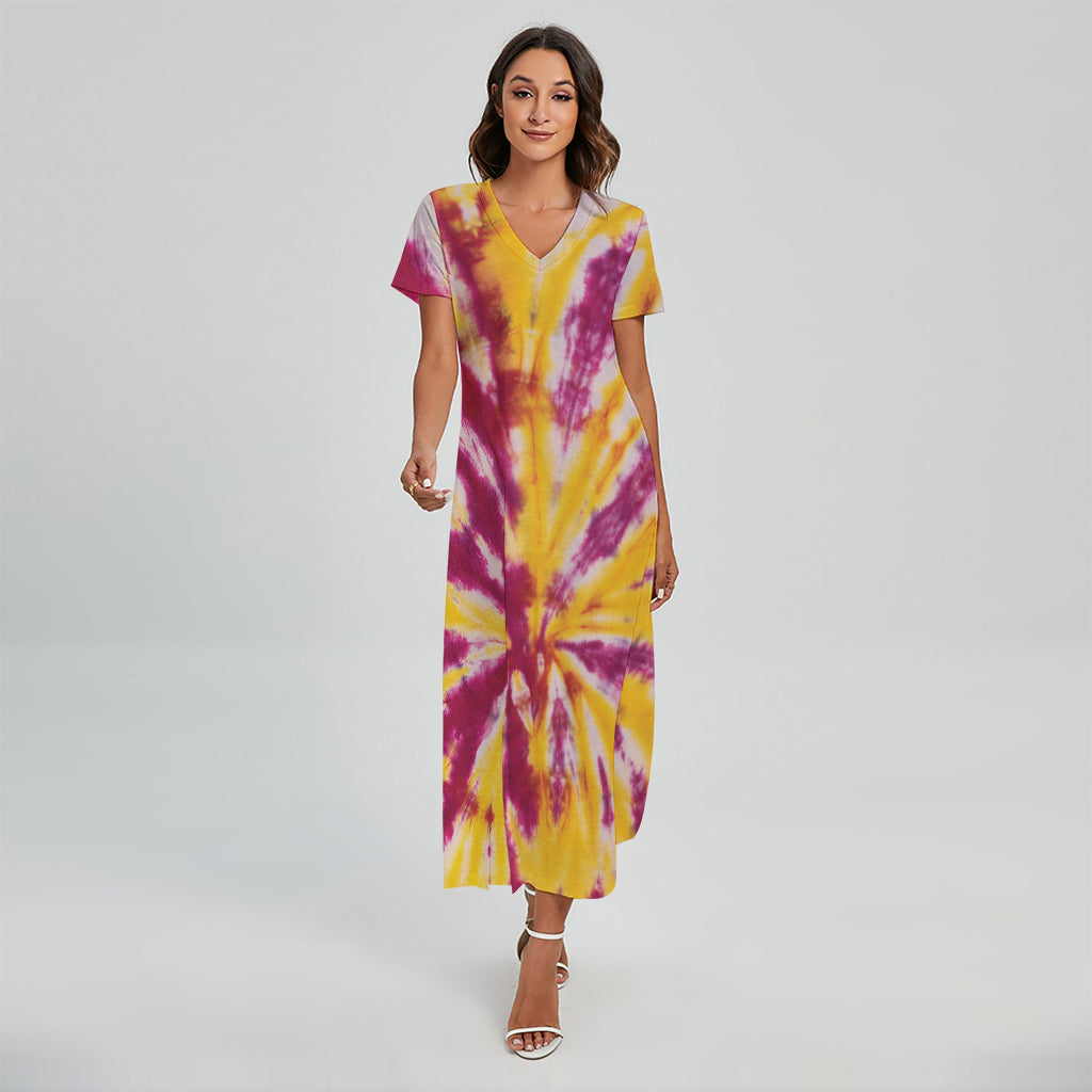 Red And Yellow Spider Tie Dye Print Short Sleeve Maxi Dress