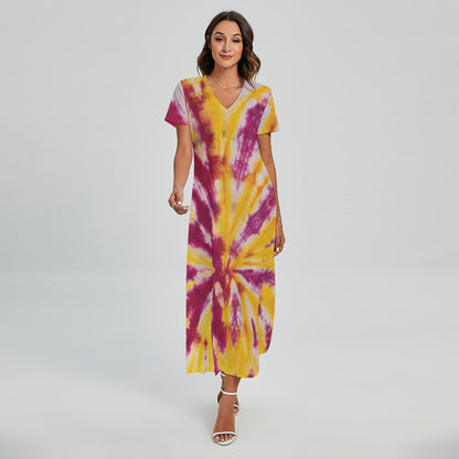 Red And Yellow Spider Tie Dye Print Short Sleeve Maxi Dress