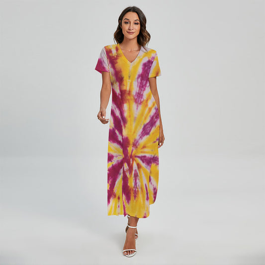 Red And Yellow Spider Tie Dye Print Short Sleeve Maxi Dress