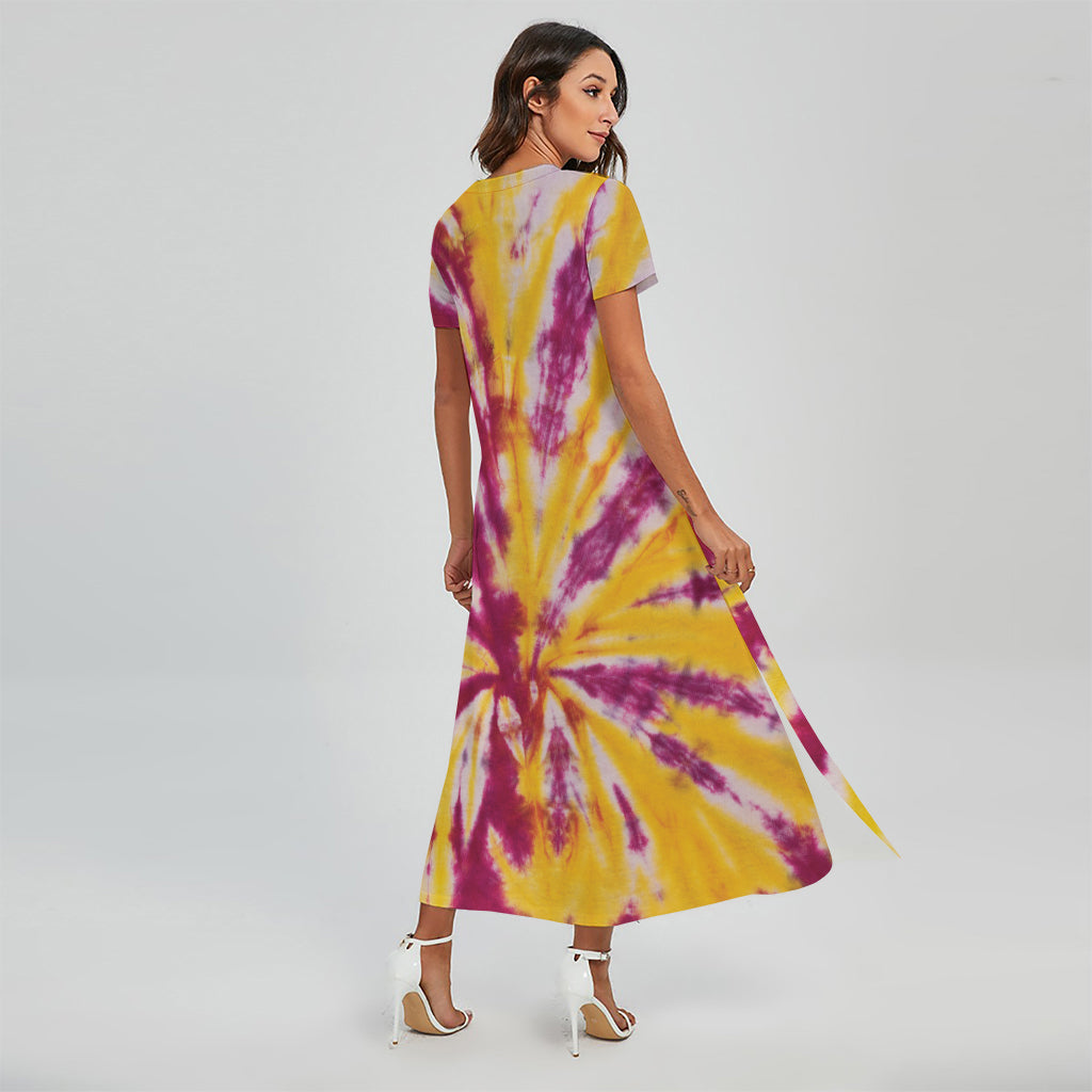 Red And Yellow Spider Tie Dye Print Short Sleeve Maxi Dress
