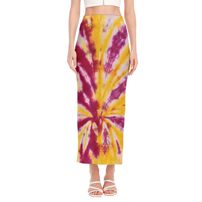 Red And Yellow Spider Tie Dye Print Side Slit Maxi Skirt