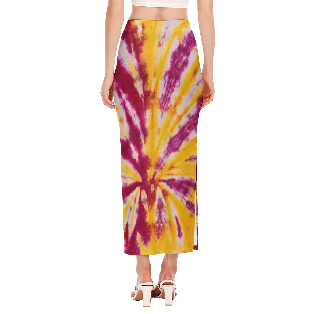 Red And Yellow Spider Tie Dye Print Side Slit Maxi Skirt