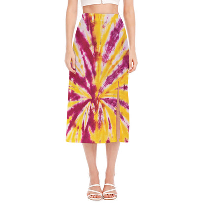Red And Yellow Spider Tie Dye Print Side Slit Midi Skirt