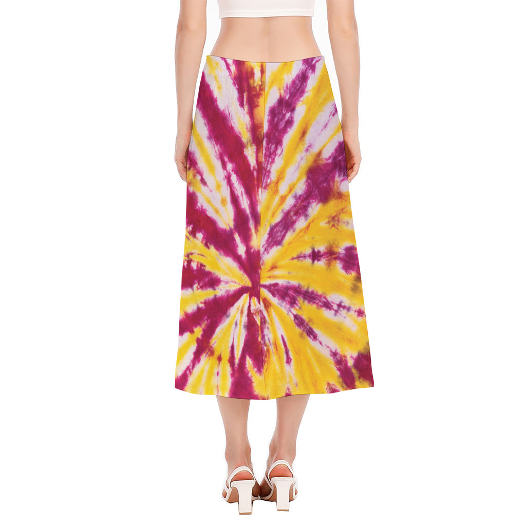 Red And Yellow Spider Tie Dye Print Side Slit Midi Skirt