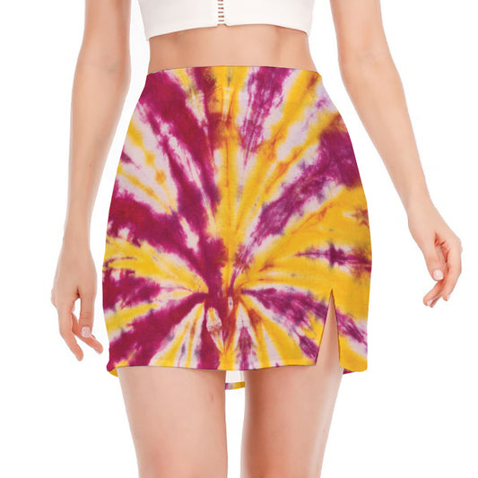 Red And Yellow Spider Tie Dye Print Side Slit Mini Skirt