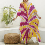 Red And Yellow Spider Tie Dye Print Silk V-Neck Kaftan Dress
