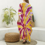 Red And Yellow Spider Tie Dye Print Silk V-Neck Kaftan Dress