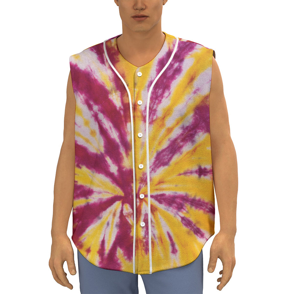 Red And Yellow Spider Tie Dye Print Sleeveless Baseball Jersey