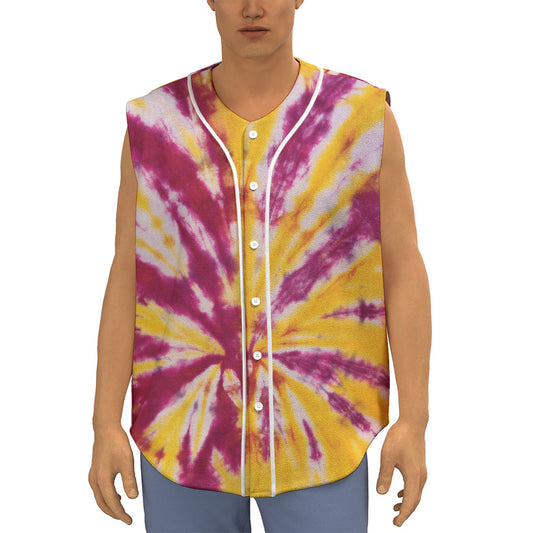 Red And Yellow Spider Tie Dye Print Sleeveless Baseball Jersey