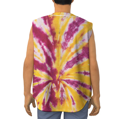 Red And Yellow Spider Tie Dye Print Sleeveless Baseball Jersey