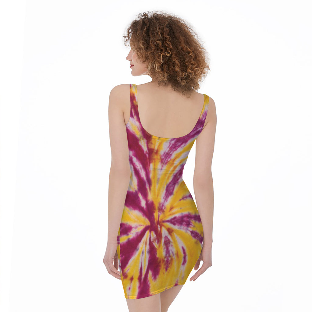 Red And Yellow Spider Tie Dye Print Sleeveless Bodycon Dress