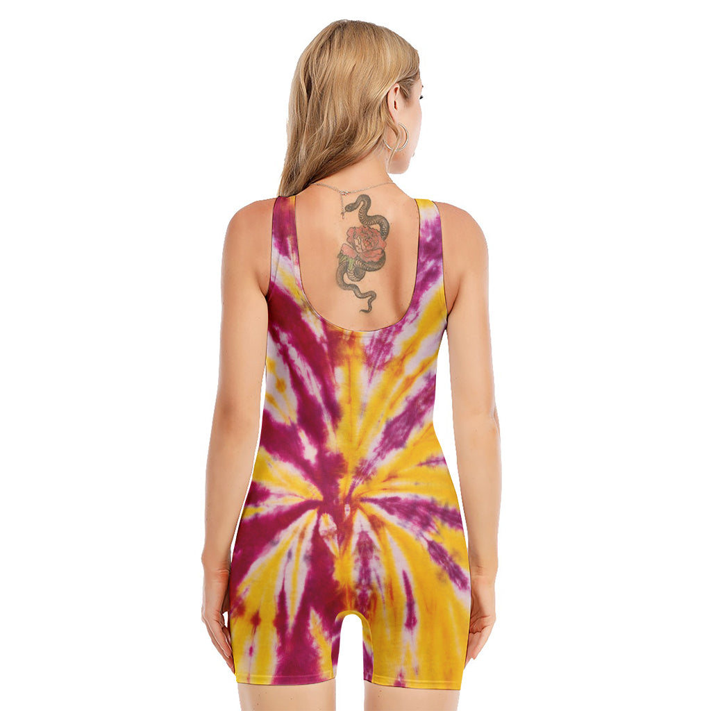 Red And Yellow Spider Tie Dye Print Sleeveless One Piece Swimsuit