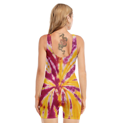 Red And Yellow Spider Tie Dye Print Sleeveless One Piece Swimsuit