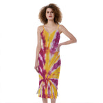 Red And Yellow Spider Tie Dye Print Slim Fit Midi Cami Dress