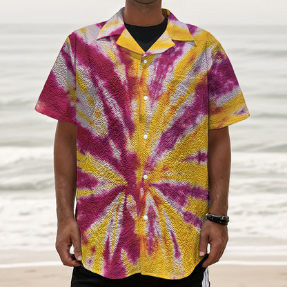 Red And Yellow Spider Tie Dye Print Textured Short Sleeve Shirt