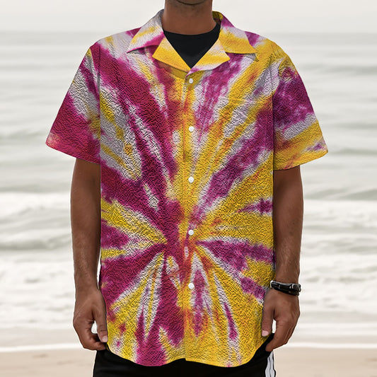 Red And Yellow Spider Tie Dye Print Textured Short Sleeve Shirt