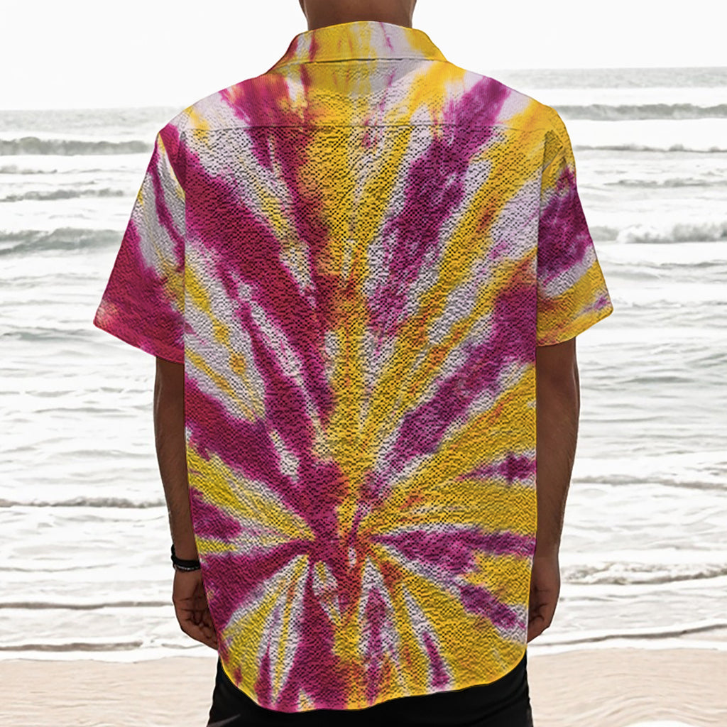 Red And Yellow Spider Tie Dye Print Textured Short Sleeve Shirt